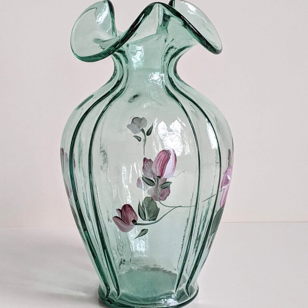90s Fenton Art Glass "Vining Garden" Sea Mist Green Vase